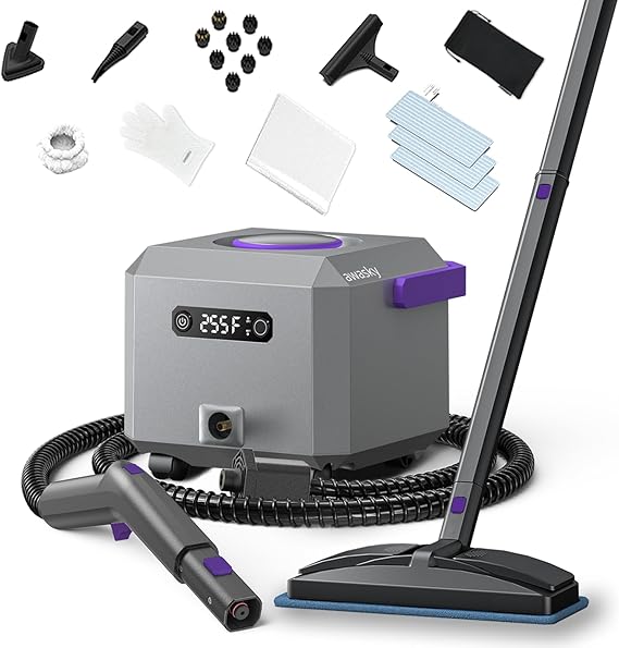 Steam Cleaner: Fast 50-Sec Heat-Up-21-Piece Kit-0.6Gal (2.2L) Tank Refill Anytime-No Cooling-Detachable Hose Multi Steamer Mop for Home Car Bed Furniture Tile Grout Floor Kitchen Cleaning Grey