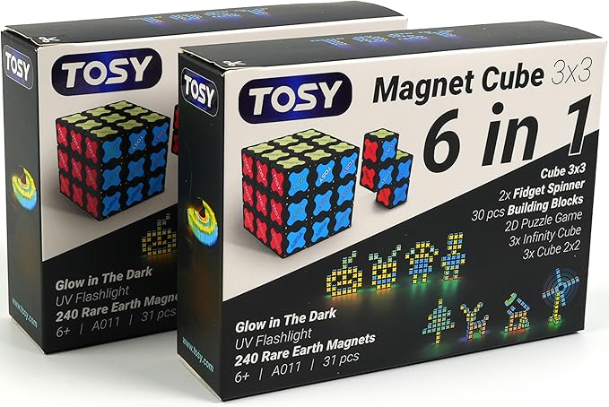 TOSY Magnet Cube 3x3 - 240 Magnets, 30 Blocks, 7 in 1: Puzzle Cube Game, Creative Building Blocks, Transformable Fidget Spinner, Infinity Cube, Magnet Tiles, UV Flashlight, Glowing STEM Toy, 2-Pack