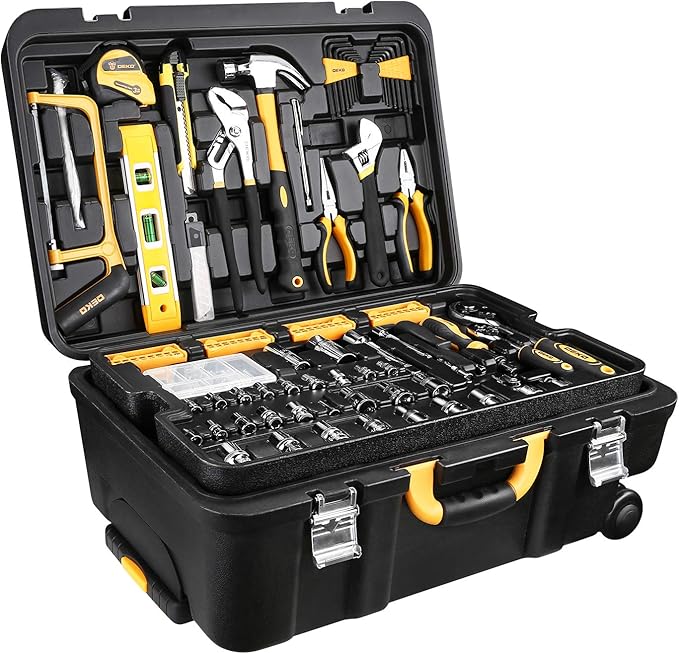 DEKOPRO 258 Piece Tool Kit with Rolling Tool Box Socket Wrench Hand Tool Set Mechanic Case Trolley Portable