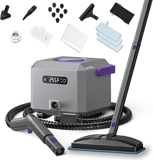 Steam Cleaner: Fast 50-Sec Heat-Up-21-Piece Kit-0.6Gal (2.2L) Tank Refill Anytime-No Cooling-Detachable Hose Multi Steamer Mop for Home Car Bed Furniture Tile Grout Floor Kitchen Cleaning Grey
